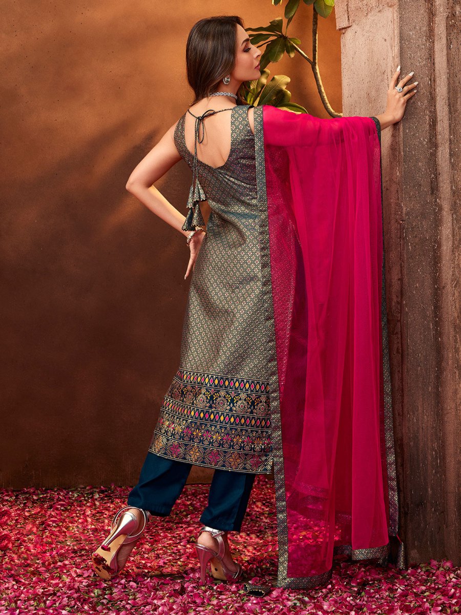 Women Teal Blue & Golden Woven Design Kurta with Trousers & Dupatta - Inddus.com