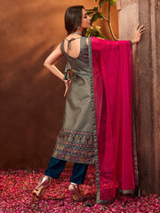 Women Teal Blue & Golden Woven Design Kurta with Trousers & Dupatta - Inddus.com