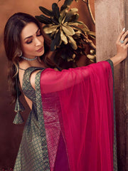 Women Teal Blue & Golden Woven Design Kurta with Trousers & Dupatta - Inddus.com