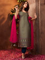 Women Teal Blue & Golden Woven Design Kurta with Trousers & Dupatta - Inddus.com