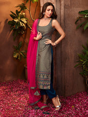 Women Teal Blue & Golden Woven Design Kurta with Trousers & Dupatta - Inddus.com