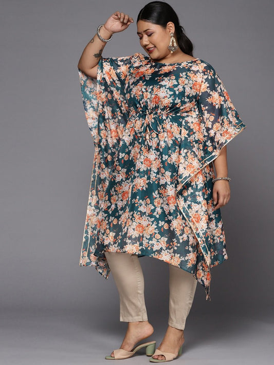 Women Teal Blue & Orange Floral Printed Gotta Patti Kaftan Kurta - Inddus.com