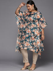 Women Teal Blue & Orange Floral Printed Gotta Patti Kaftan Kurta - Inddus.com