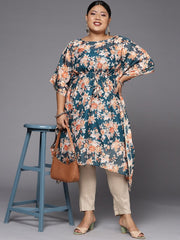 Women Teal Blue & Orange Floral Printed Gotta Patti Kaftan Kurta - Inddus.com