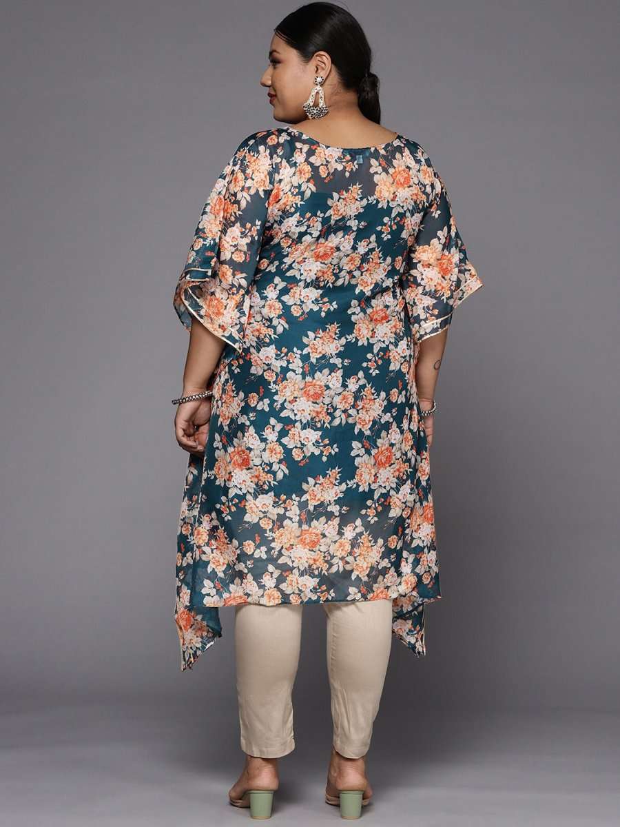 Women Teal Blue & Orange Floral Printed Gotta Patti Kaftan Kurta - Inddus.com