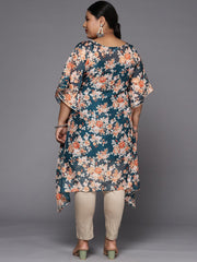 Women Teal Blue & Orange Floral Printed Gotta Patti Kaftan Kurta - Inddus.com