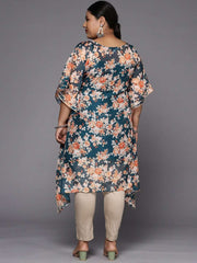 Women Teal Blue & Orange Floral Printed Gotta Patti Kaftan Kurta - Inddus.com