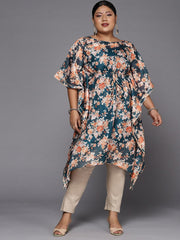 Women Teal Blue & Orange Floral Printed Gotta Patti Kaftan Kurta - Inddus.com