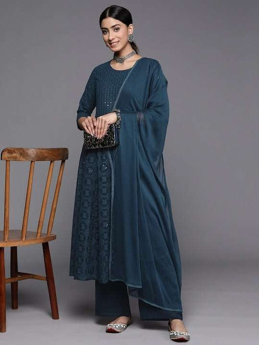 Women Teal Embroidered Chikankari Kurta with Palazzos & With Dupatta - Inddus.com