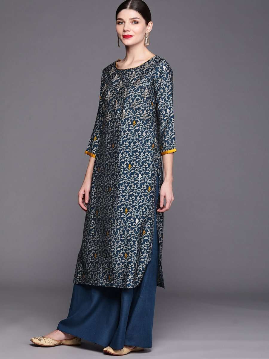 Women Teal Ethnic Motifs Printed Regular Beads and Stones Kurta with Palazzos - Inddus.com