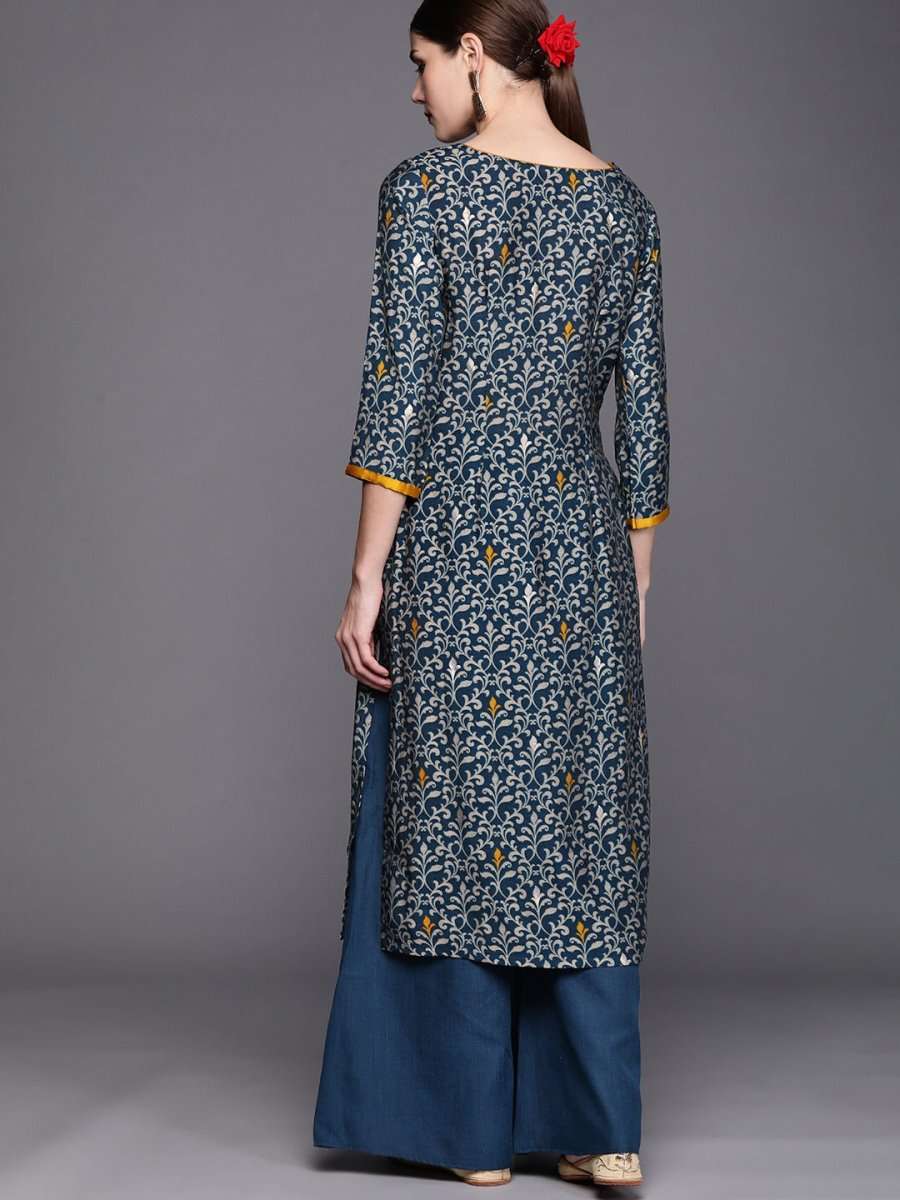 Women Teal Ethnic Motifs Printed Regular Beads and Stones Kurta with Palazzos - Inddus.com