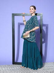 Women Teal Floral Embroidered Regular Thread Work Kurta with Sharara - Inddus.com