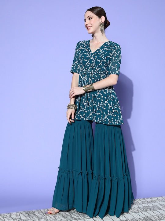Women Teal Floral Embroidered Regular Thread Work Kurta with Sharara - Inddus.com