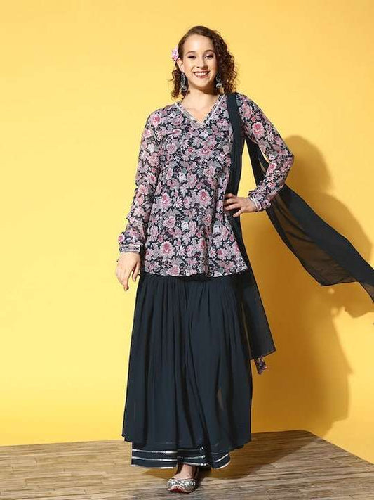 Women Teal Floral Printed Kurti with Palazzos & With Dupatta - Inddus.com