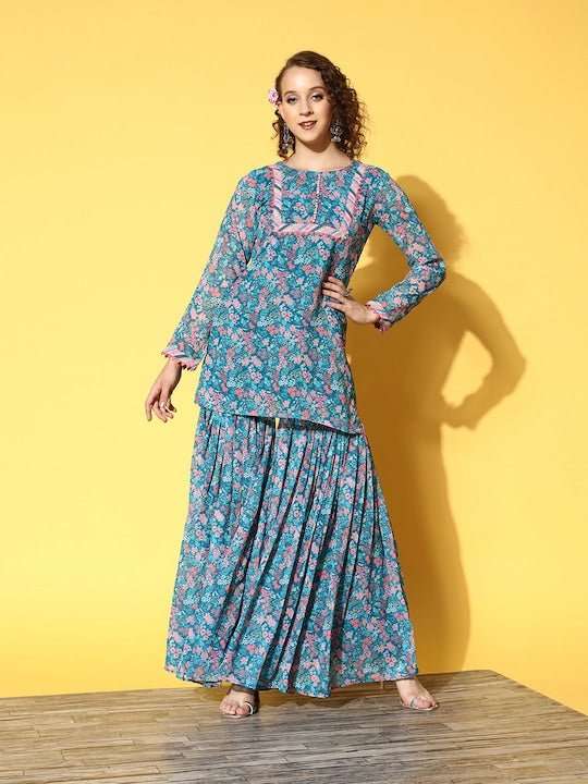 Women Teal Floral Printed Kurti with Sharara - Inddus.com