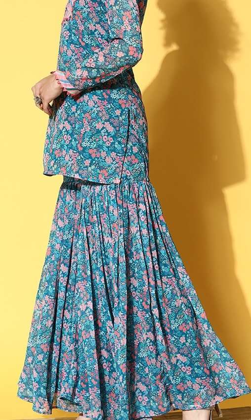 Women Teal Floral Printed Kurti with Sharara - Inddus.com