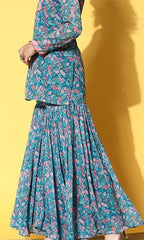 Women Teal Floral Printed Kurti with Sharara - Inddus.com