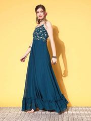 Women Teal Georgette Ethereal Embroidery Kurta - Inddus.com
