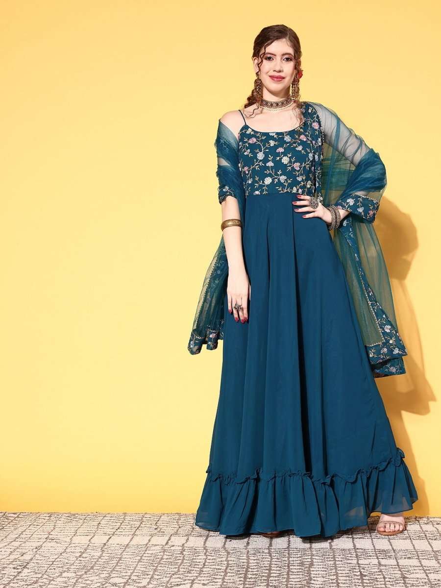 Women Teal Georgette Ethereal Embroidery Kurta - Inddus.com
