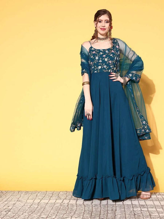 Women Teal Georgette Ethereal Embroidery Kurta - Inddus.com