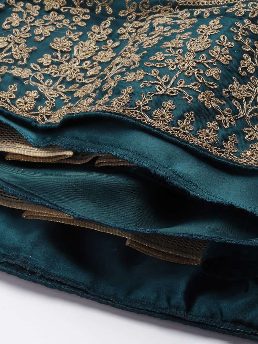 Women Teal Green Embroidered Semi-Stitched Lehenga with Unstitched Blouse & Dupatta - Inddus.com