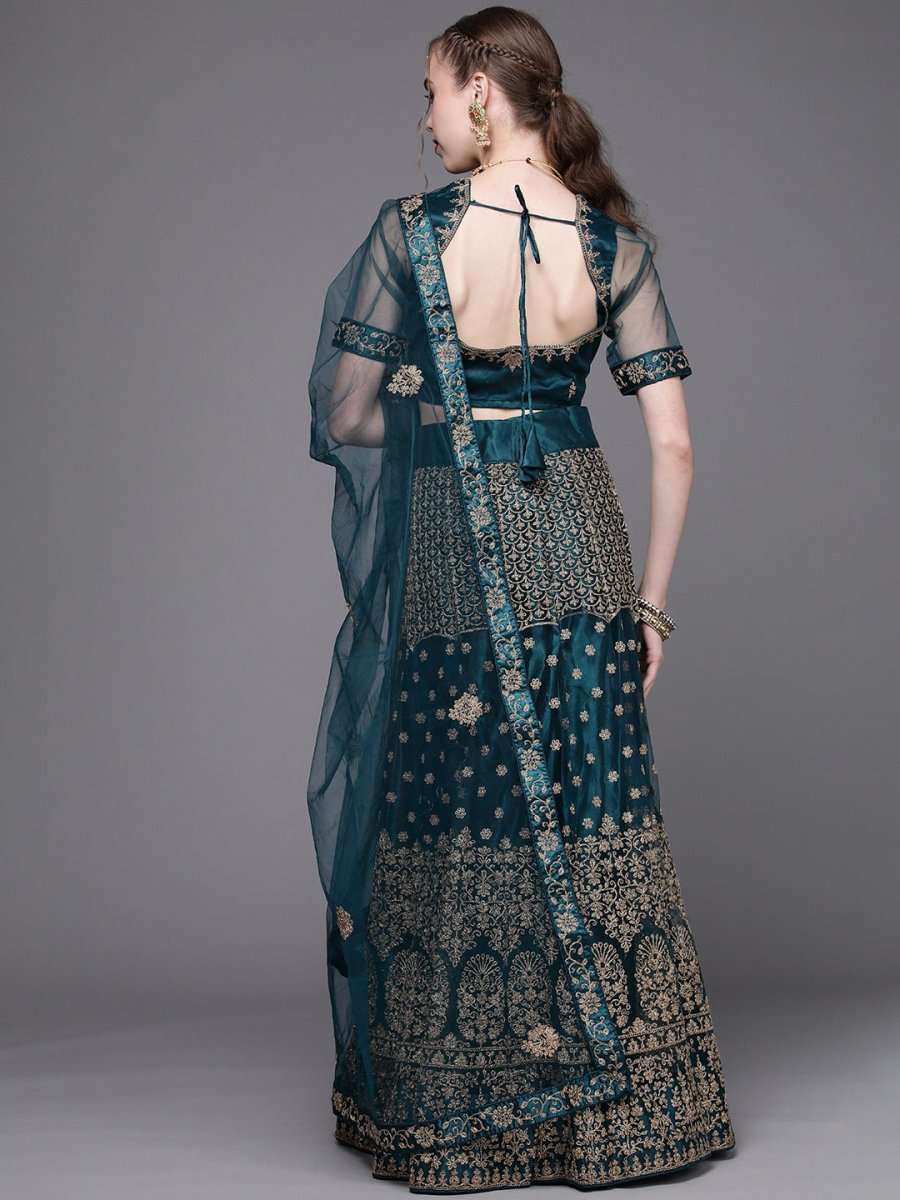 Women Teal Green Embroidered Semi-Stitched Lehenga with Unstitched Blouse & Dupatta - Inddus.com