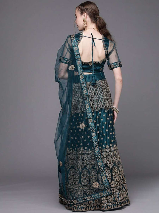 Women Teal Green Embroidered Semi-Stitched Lehenga with Unstitched Blouse & Dupatta - Inddus.com