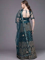 Women Teal Green Embroidered Semi-Stitched Lehenga with Unstitched Blouse & Dupatta - Inddus.com