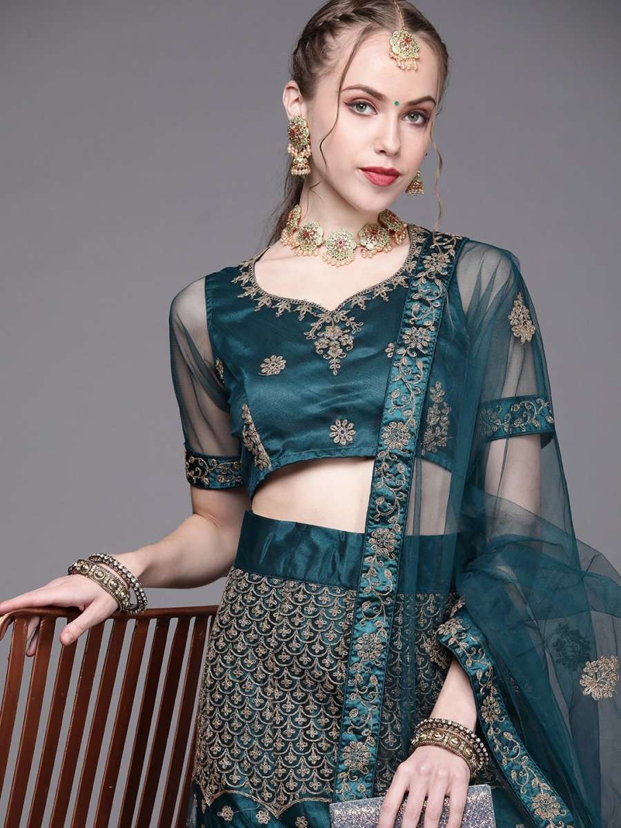 Women Teal Green Embroidered Semi-Stitched Lehenga with Unstitched Blouse & Dupatta - Inddus.com
