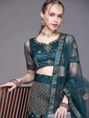 Women Teal Green Embroidered Semi-Stitched Lehenga with Unstitched Blouse & Dupatta - Inddus.com