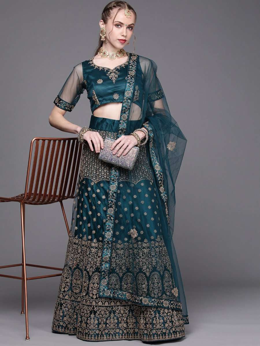 Women Teal Green Embroidered Semi-Stitched Lehenga with Unstitched Blouse & Dupatta - Inddus.com