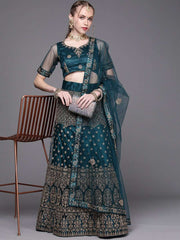 Women Teal Green Embroidered Semi-Stitched Lehenga with Unstitched Blouse & Dupatta - Inddus.com