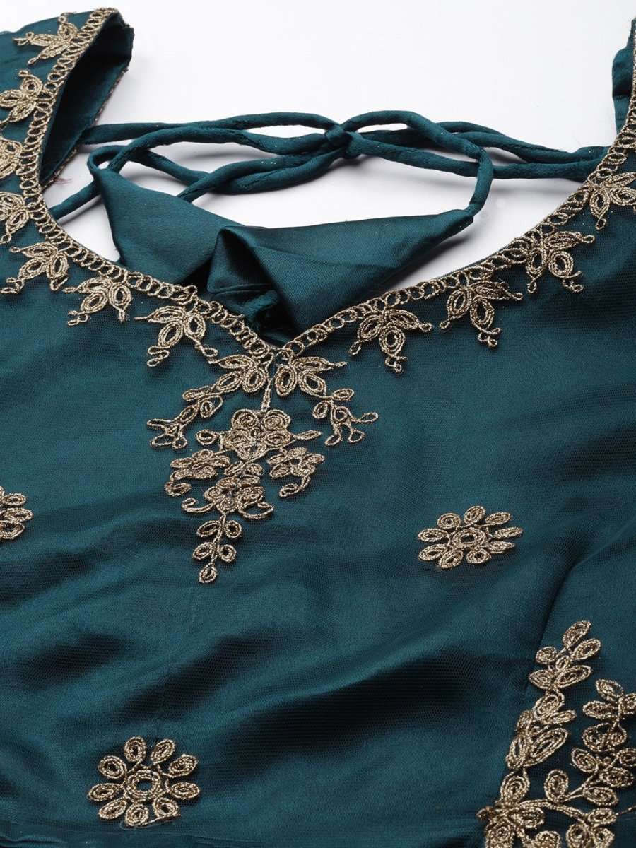 Women Teal Green Embroidered Semi-Stitched Lehenga with Unstitched Blouse & Dupatta - Inddus.com