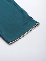 Women Teal Green Embroidered Thread Work Kurta with Palazzos & With Dupatta - Inddus.com