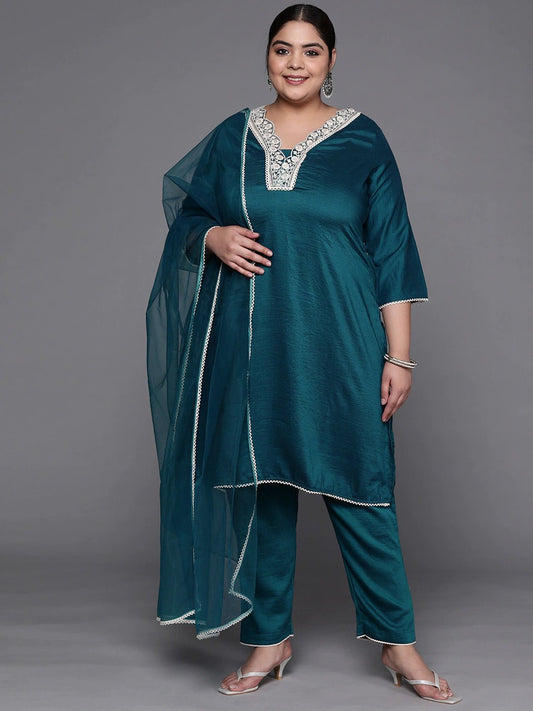 Women Teal Green Embroidered Thread Work Kurta with Palazzos & With Dupatta - Inddus.com