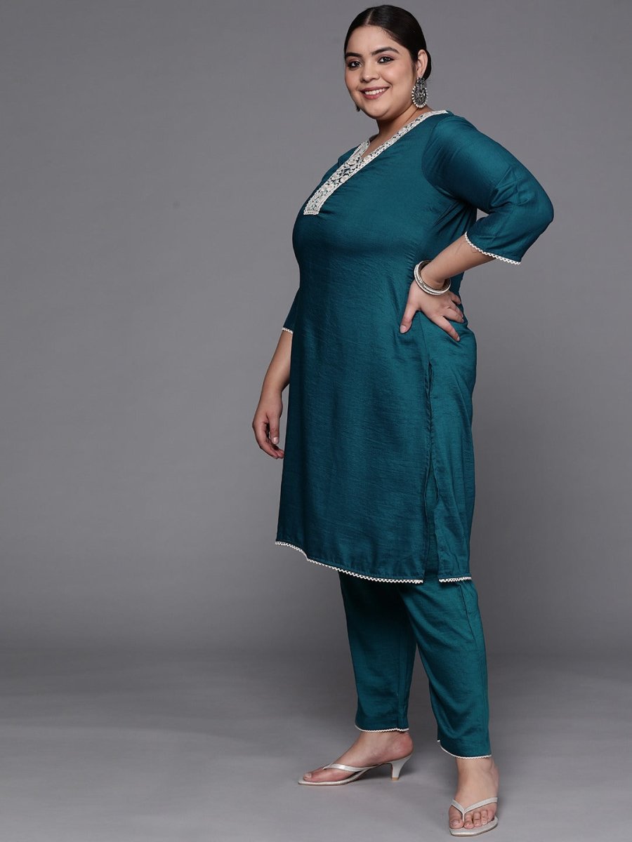 Women Teal Green Embroidered Thread Work Kurta with Palazzos & With Dupatta - Inddus.com