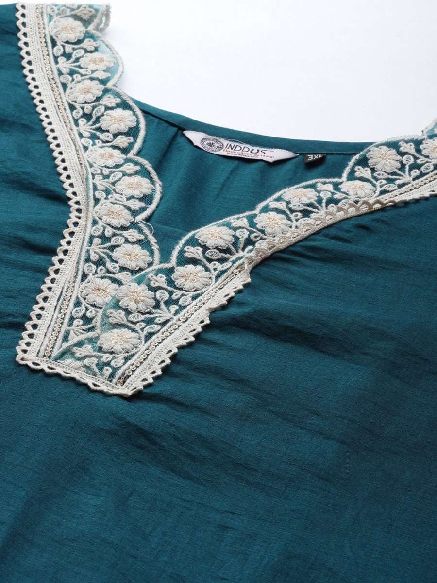 Women Teal Green Embroidered Thread Work Kurta with Palazzos & With Dupatta - Inddus.com