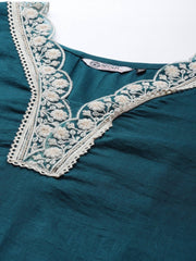 Women Teal Green Embroidered Thread Work Kurta with Palazzos & With Dupatta - Inddus.com