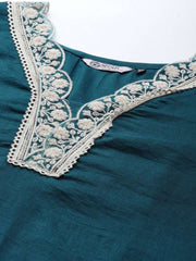 Women Teal Green Embroidered Thread Work Kurta with Palazzos & With Dupatta - Inddus.com