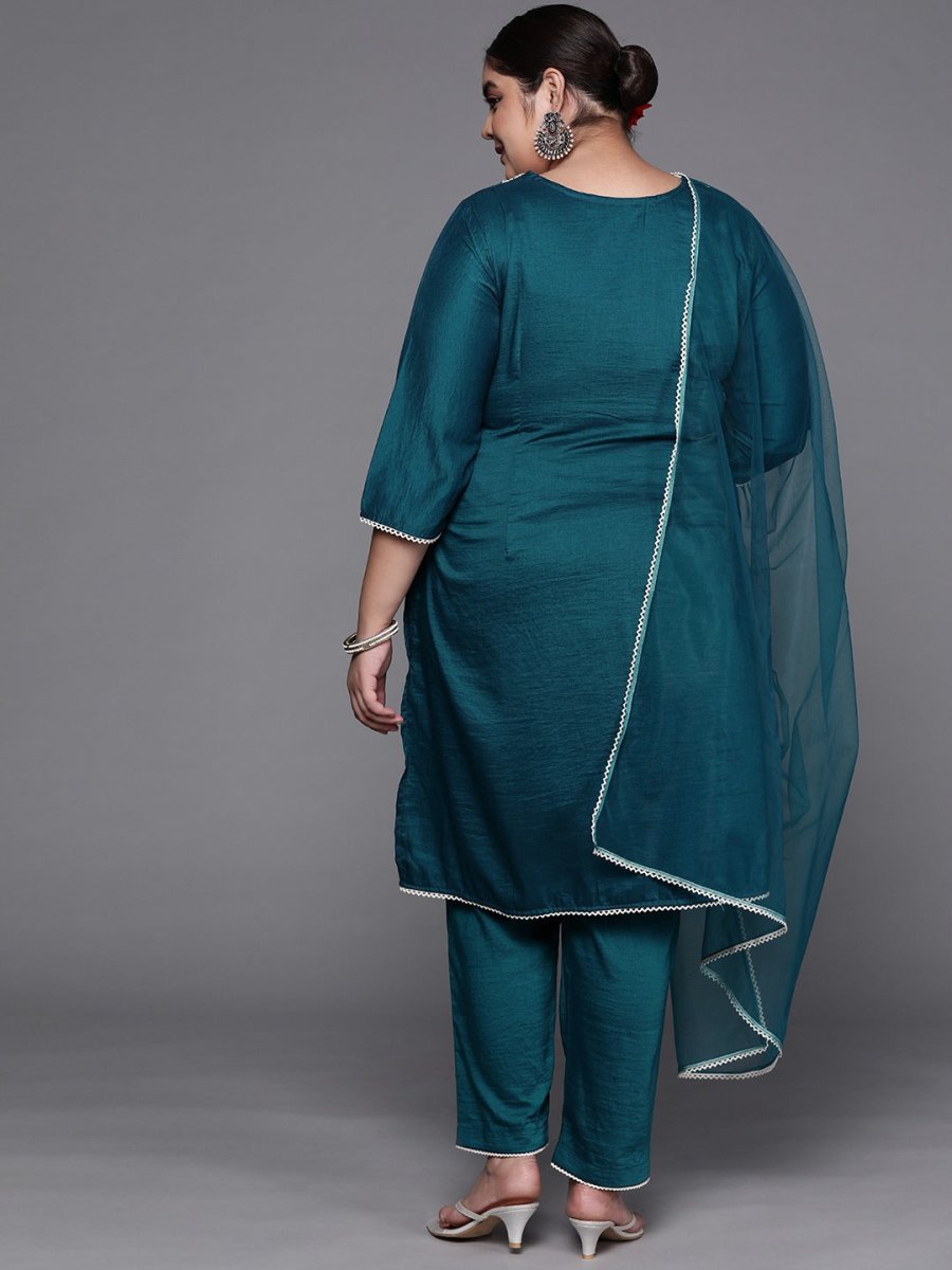 Women Teal Green Embroidered Thread Work Kurta with Palazzos & With Dupatta - Inddus.com