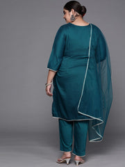 Women Teal Green Embroidered Thread Work Kurta with Palazzos & With Dupatta - Inddus.com