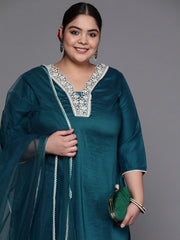 Women Teal Green Embroidered Thread Work Kurta with Palazzos & With Dupatta - Inddus.com