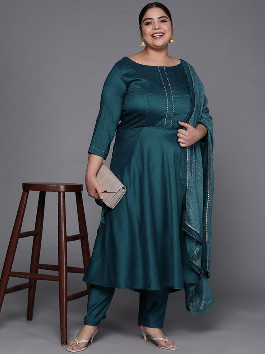 Women Teal Green Gotta Patti Kurta with Trousers & With Dupatta - Inddus.com