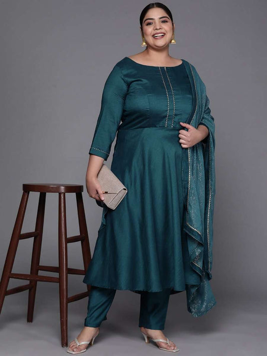 Women Teal Green Gotta Patti Kurta with Trousers & With Dupatta - Inddus.com