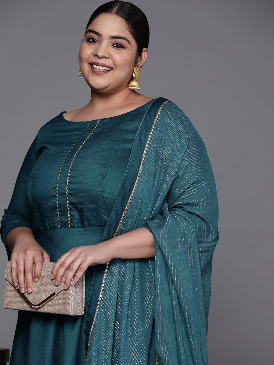 Women Teal Green Gotta Patti Kurta with Trousers & With Dupatta - Inddus.com