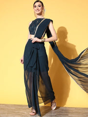 Women Teal Skirt Drape Saree with Embellished Embroidered Blouse Piece - Inddus.com