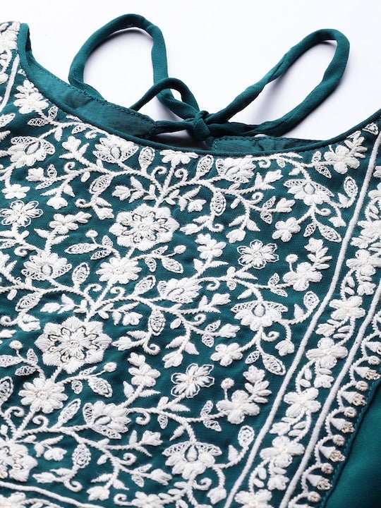 Women Teal & White Floral Yoke Design Thread Work Georgette Kurta - Inddus.com