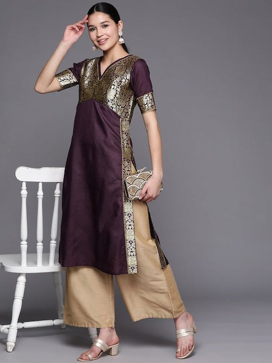 Women Thread Work Floral Brocade Kurta - Inddus.com
