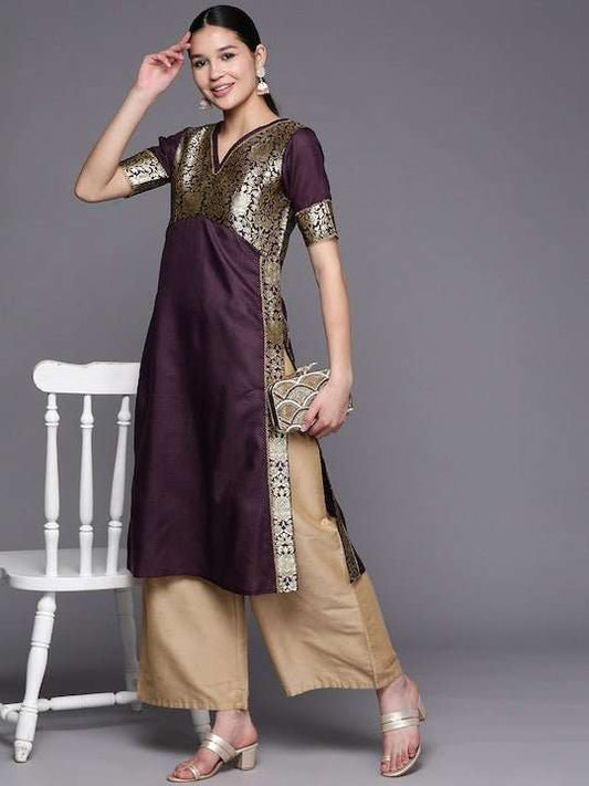 Women Thread Work Floral Brocade Kurta - Inddus.com