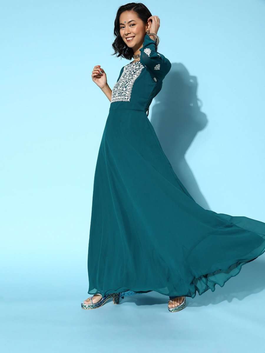Women Tranquil Teal Georgette Swirling Volume Kurta - Inddus.com